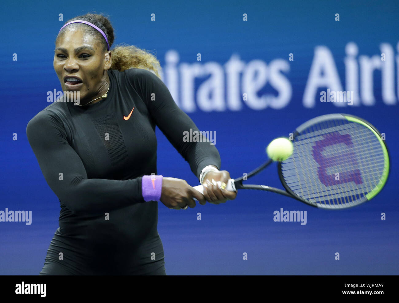 Flushing Meadow, United Stated. 03rd Sep, 2019. Serena Williams hits a backhand before defeating Qiang Wang of China in straight sets in the quarterfinals in Arthur Ashe Stadium at the 2019 US Open Tennis Championships at the USTA Billie Jean King National Tennis Center on Tuesday, September 3, 2019 in New York City. Photo by John Angelillo/UPI Credit: UPI/Alamy Live News Stock Photo