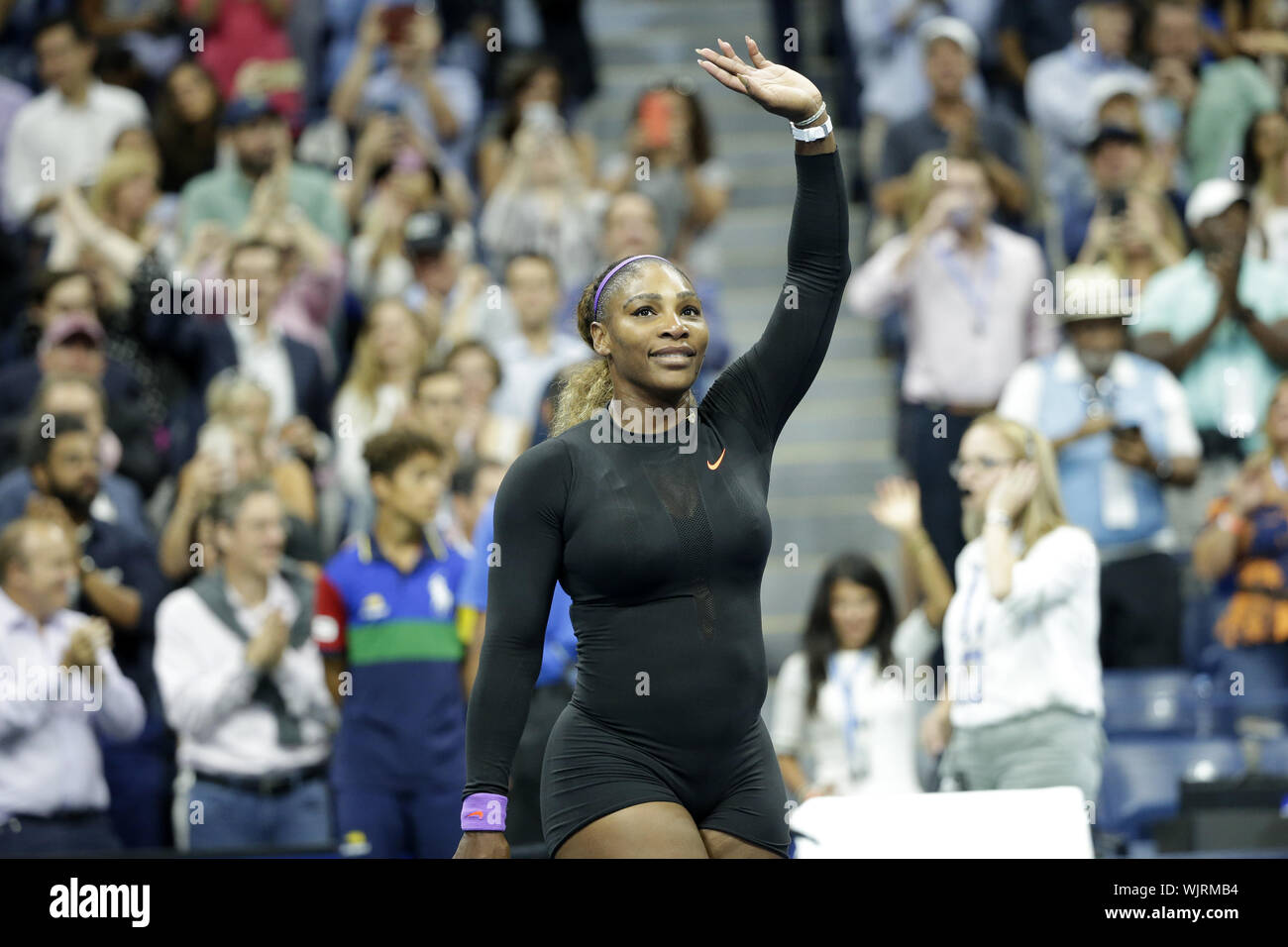 Flushing Meadow, United Stated. 03rd Sep, 2019. Serena Williams waves after defeating Qiang Wang of China in the quarterfinals in Arthur Ashe Stadium at the 2019 US Open Tennis Championships at the USTA Billie Jean King National Tennis Center on Tuesday, September 3, 2019 in New York City. Photo by John Angelillo/UPI Credit: UPI/Alamy Live News Stock Photo