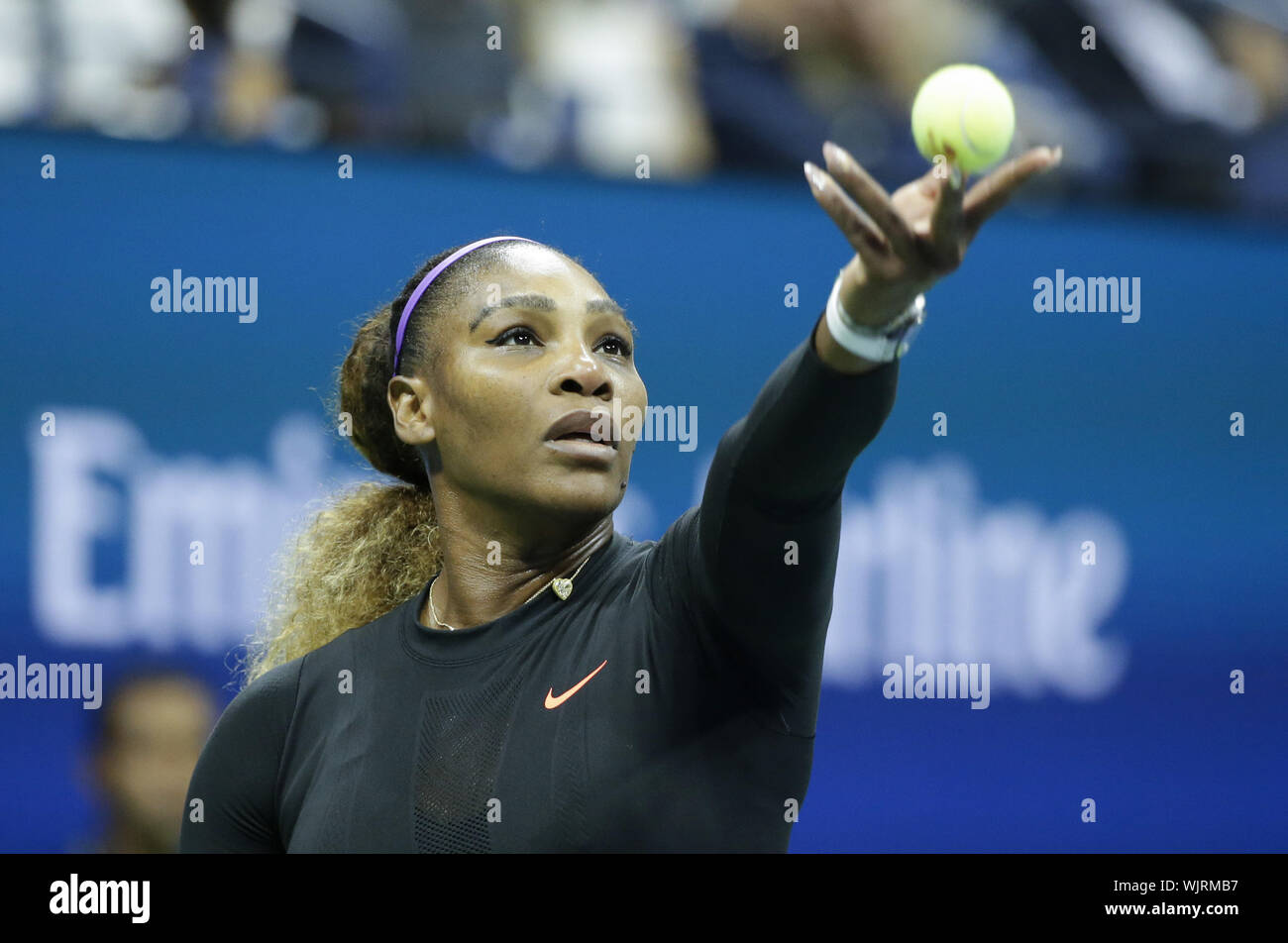 Flushing Meadow, United Stated. 03rd Sep, 2019. Serena Williams serves before defeating Qiang Wang of China in straight sets in the quarterfinals in Arthur Ashe Stadium at the 2019 US Open Tennis Championships at the USTA Billie Jean King National Tennis Center on Tuesday, September 3, 2019 in New York City. Photo by John Angelillo/UPI Credit: UPI/Alamy Live News Stock Photo