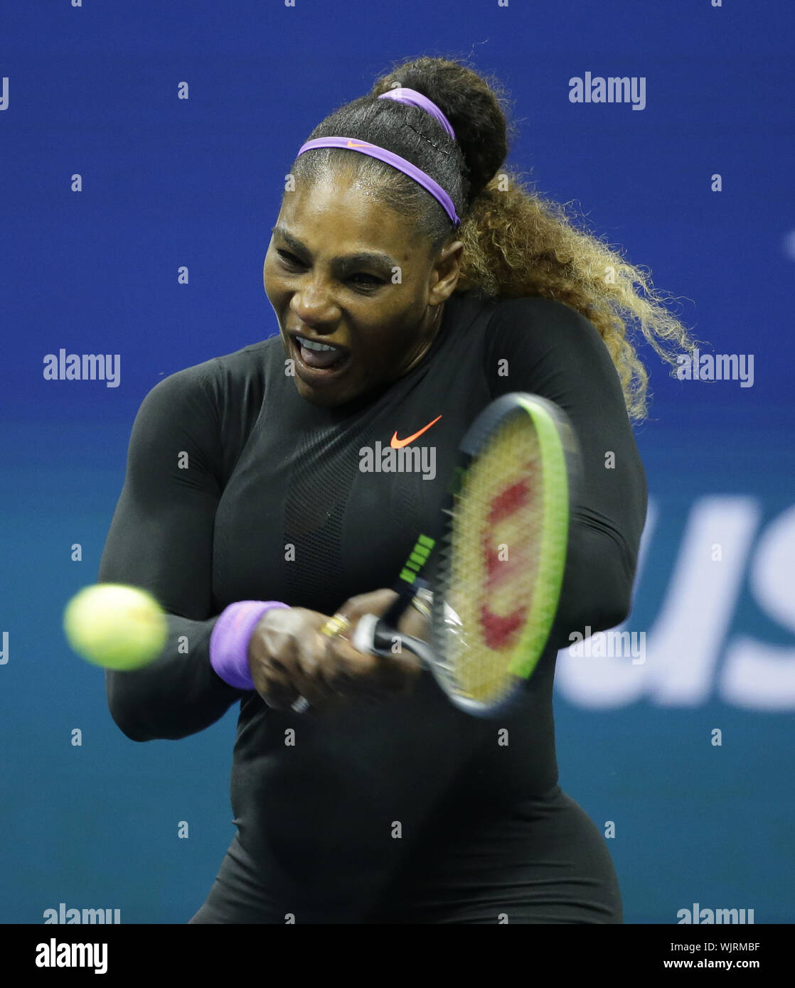 Flushing Meadow, United Stated. 03rd Sep, 2019. Serena Williams hits a backhand before defeating Qiang Wang of China in straight sets in the quarterfinals in Arthur Ashe Stadium at the 2019 US Open Tennis Championships at the USTA Billie Jean King National Tennis Center on Tuesday, September 3, 2019 in New York City. Photo by John Angelillo/UPI Credit: UPI/Alamy Live News Stock Photo