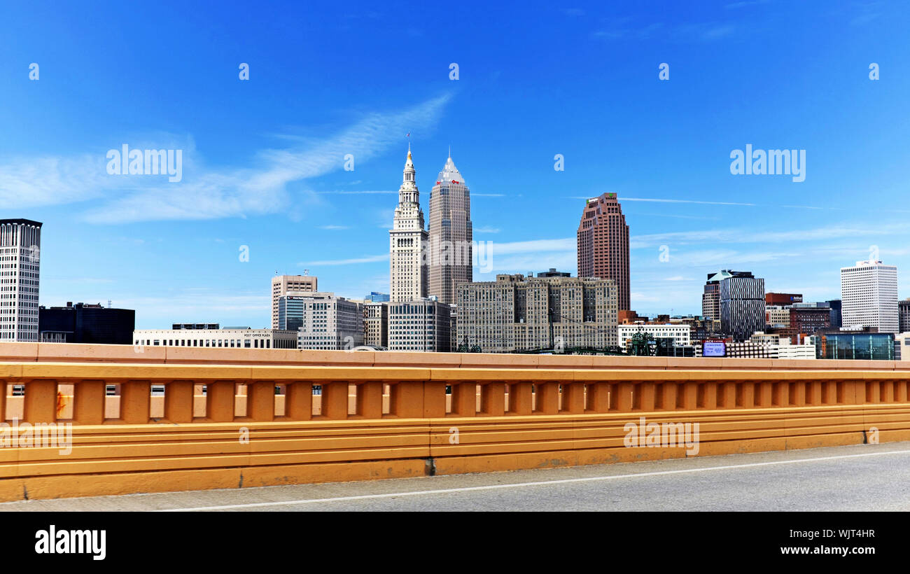 Downtown Cleveland, Ohio skyline as viewed from the Hope Memorial Bridge. Stock Photo