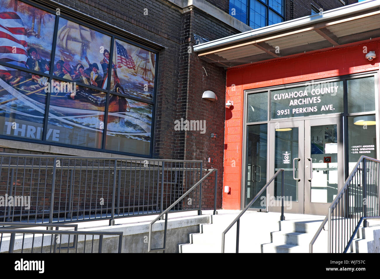 Entrance to the Cuyahoga County Archives on Perkins Avenue in the Midtown district of Cleveland, Ohio, USA. Stock Photo