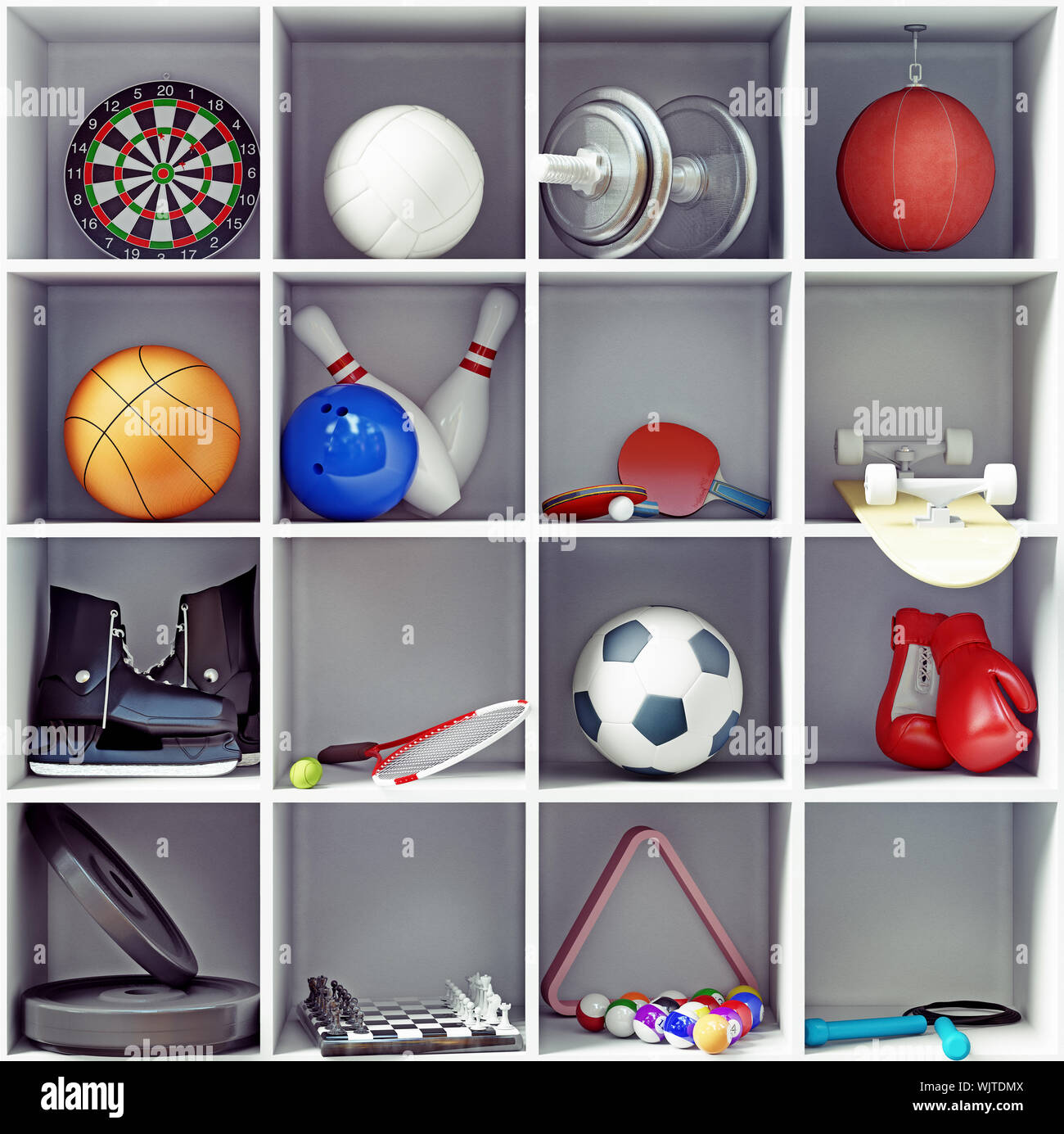 sport equipment on the shelves. creative concept Stock Photo Alamy