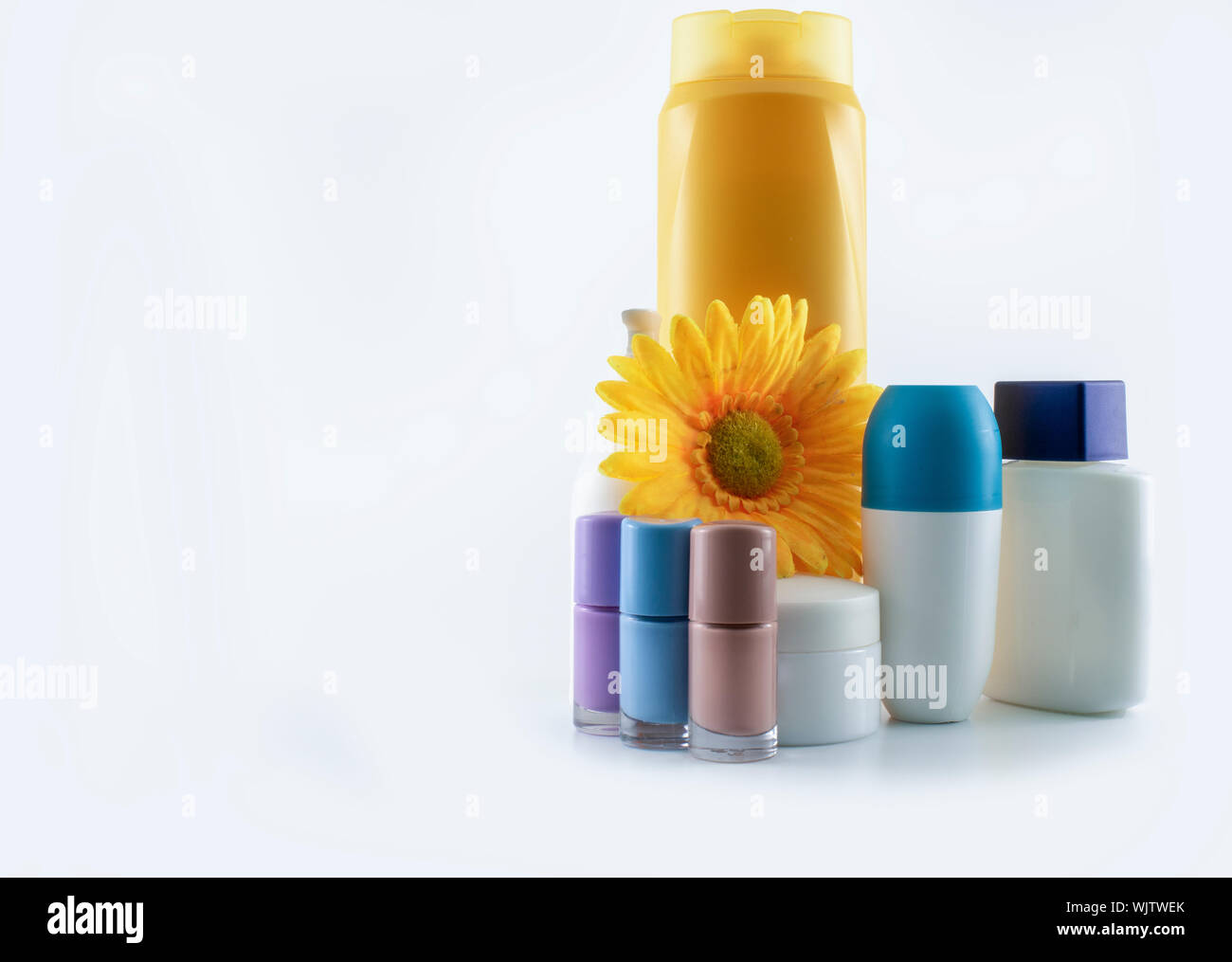 Set consisting of sun cream, parfum, nail polish, lotion. isolated