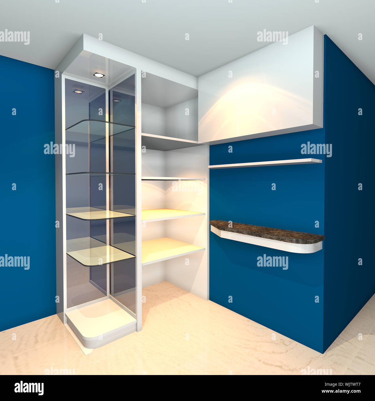 Blue builtin shelves designs, corner of the room Stock Photo Alamy