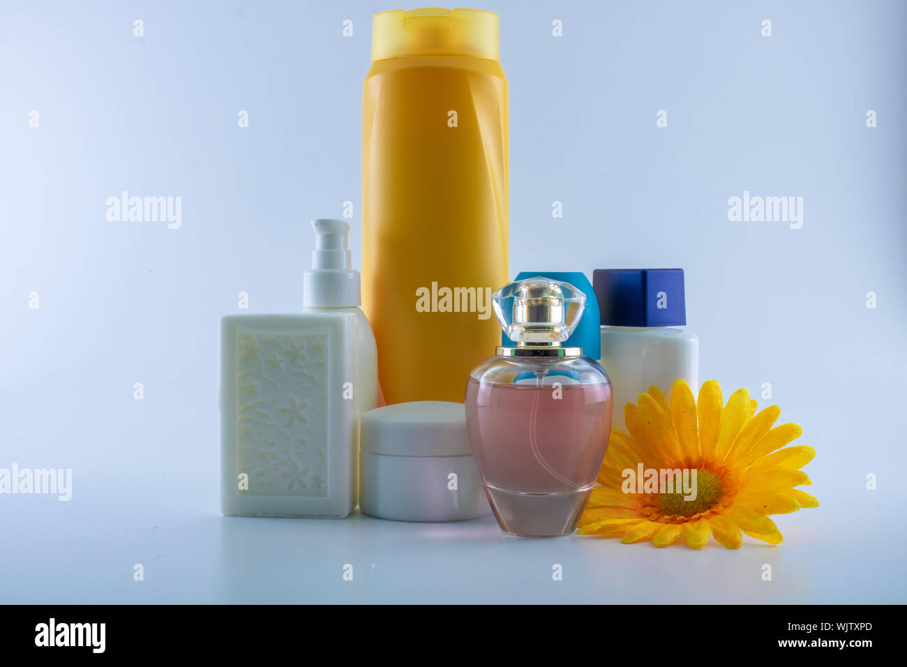 Set consisting of sun cream, parfum, nail polish, lotion. isolated