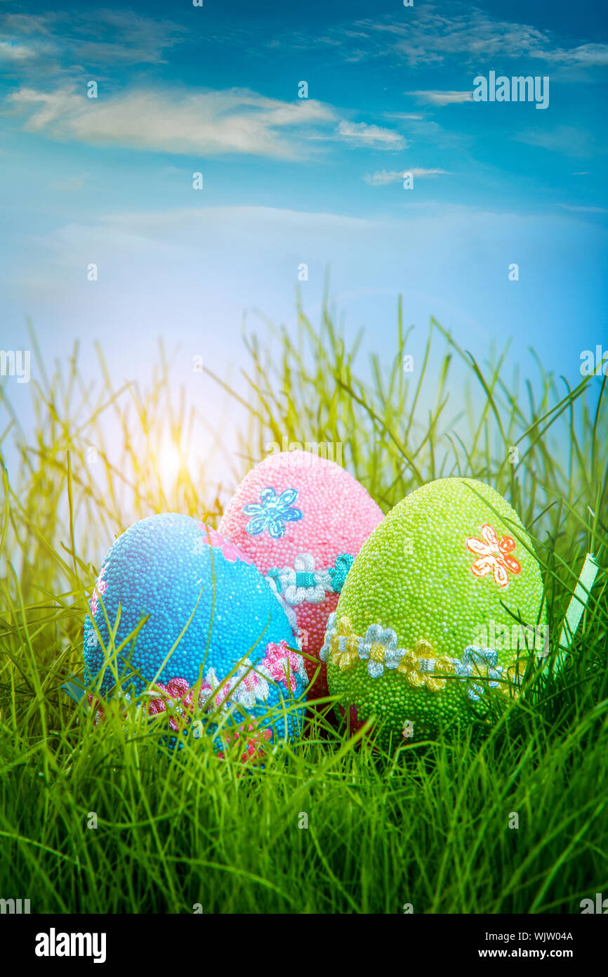 Decorated easter eggs in the grass on blue sky background Stock Photo ...