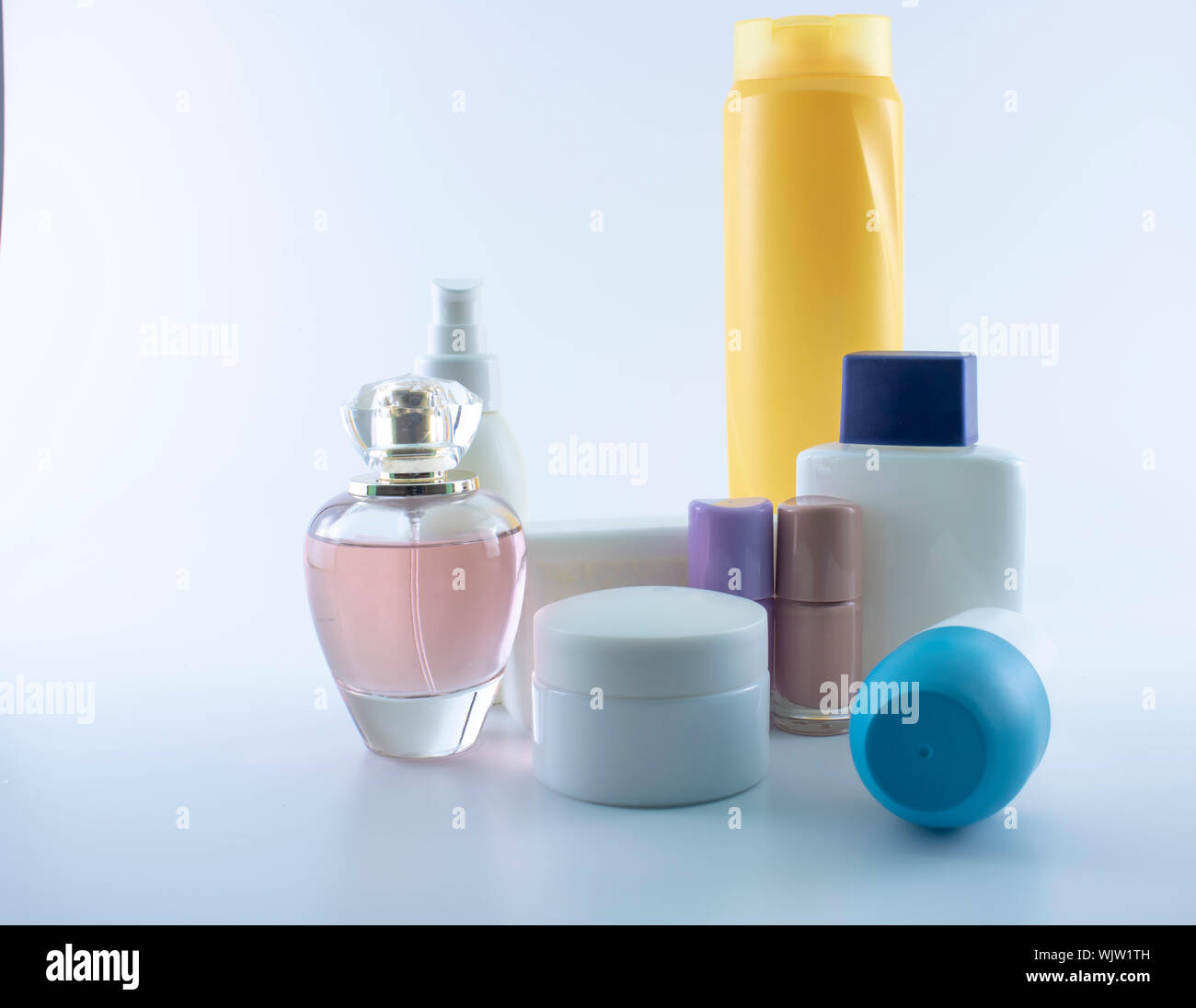 Set consisting of sun cream, parfum, nail polish, lotion. isolated