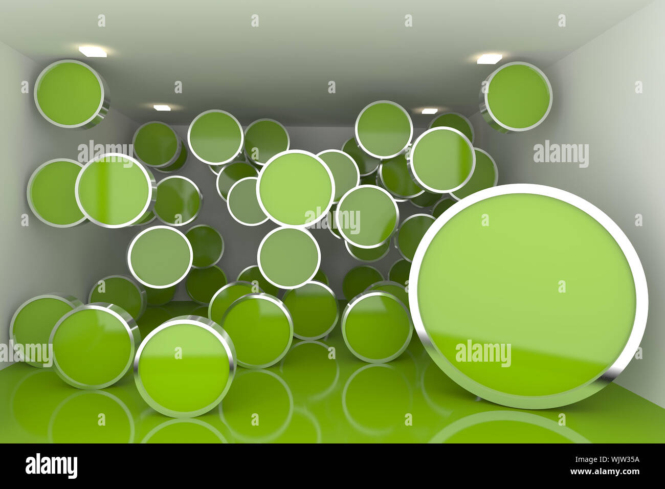 Abstract interior rendering with empty room color rounded box display ...