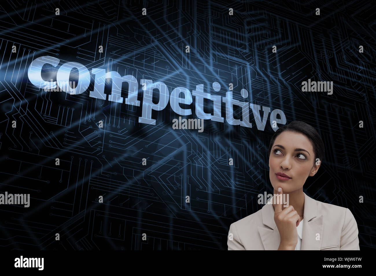 The word competitive and smiling businesswoman thinking against ...