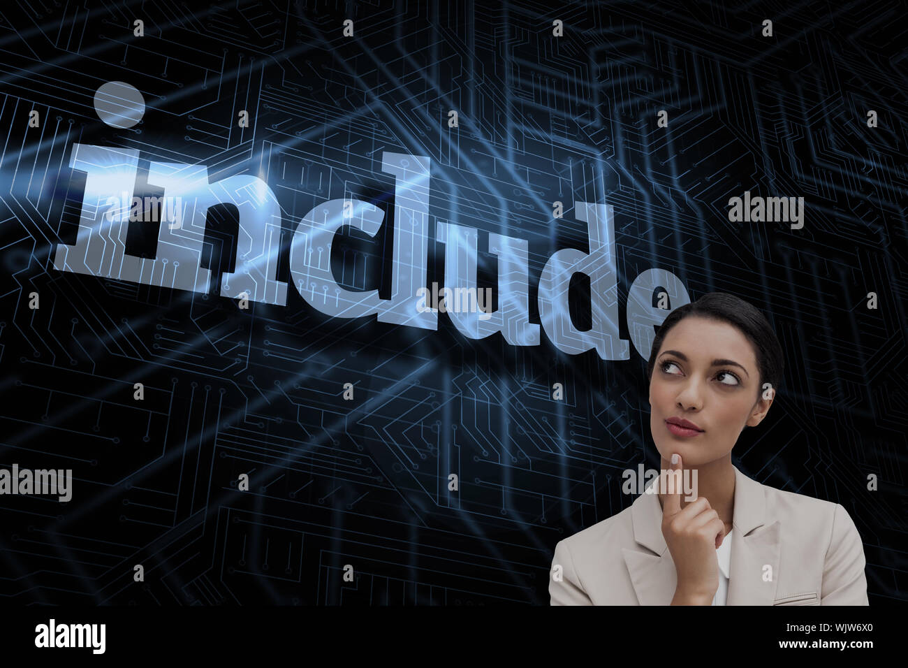 The word include and smiling businesswoman thinking against futuristic ...
