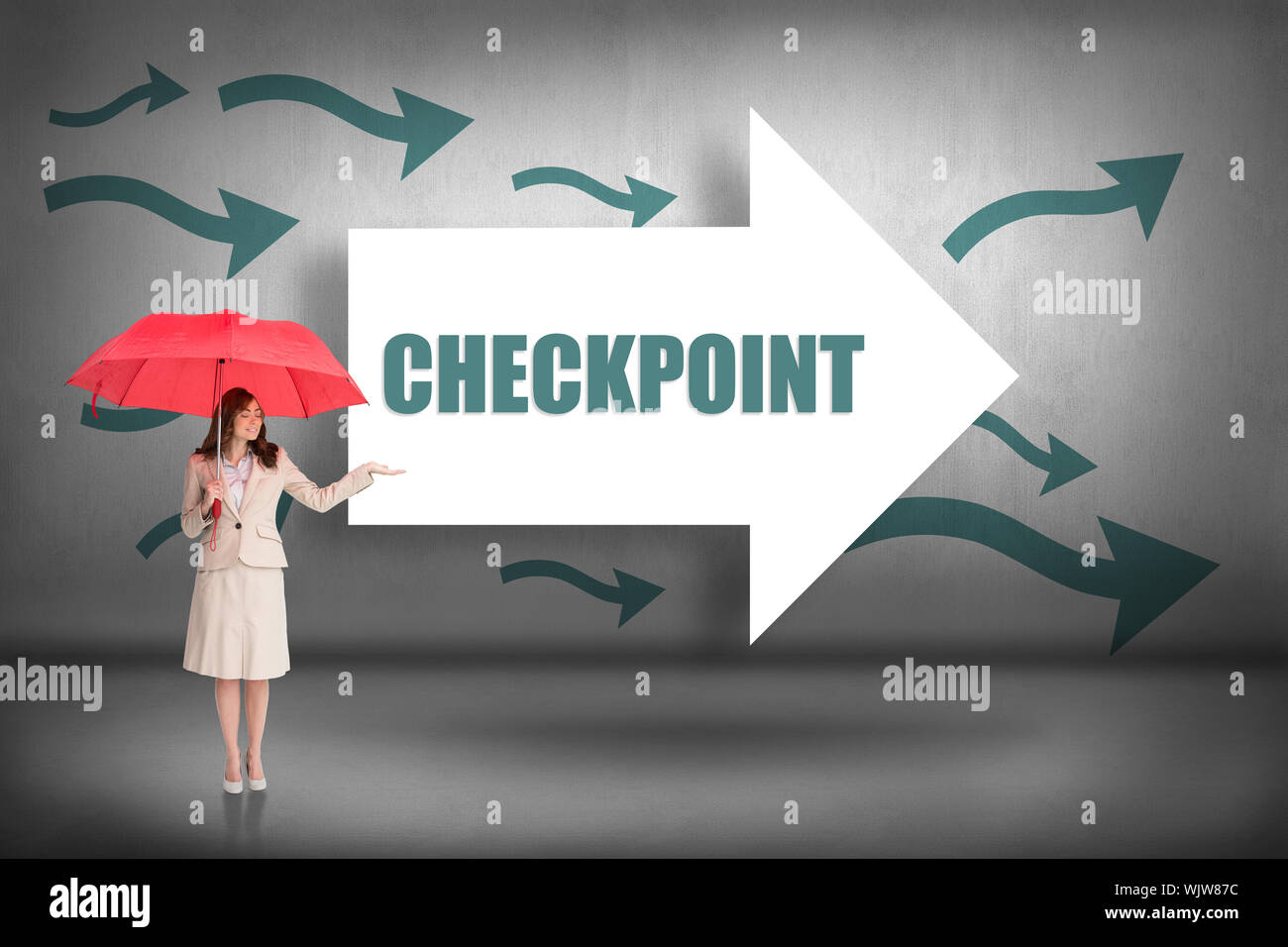 The word checkpoint and attractive businesswoman holding red umbrella against arrows pointing Stock Photo