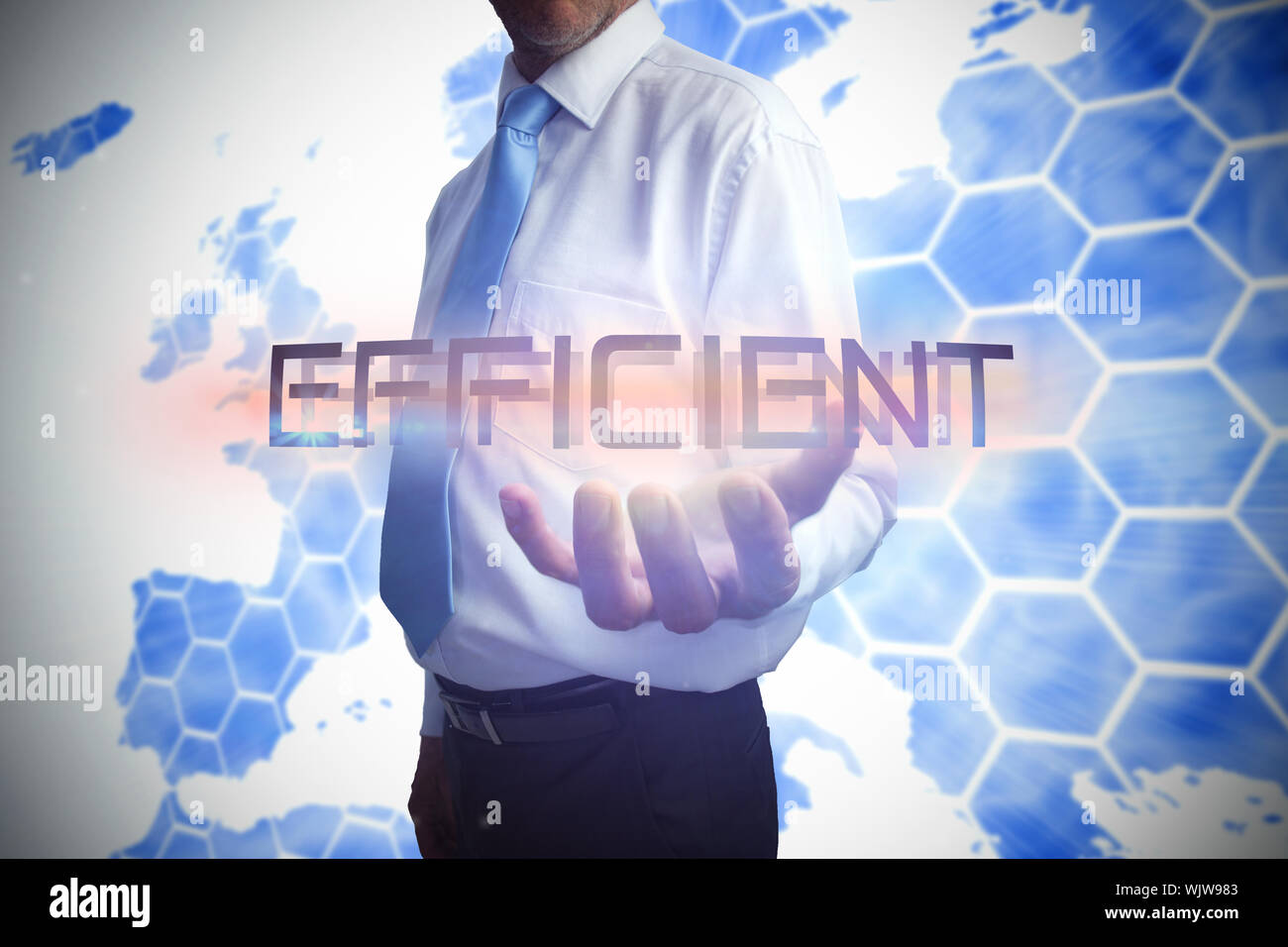 Businessman presenting the word efficient against background with europa map Stock Photo