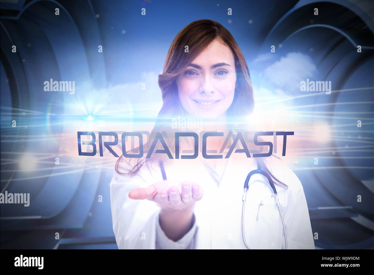 The word broadcast and portrait of female nurse holding out open palm against abstract white cloud design Stock Photo