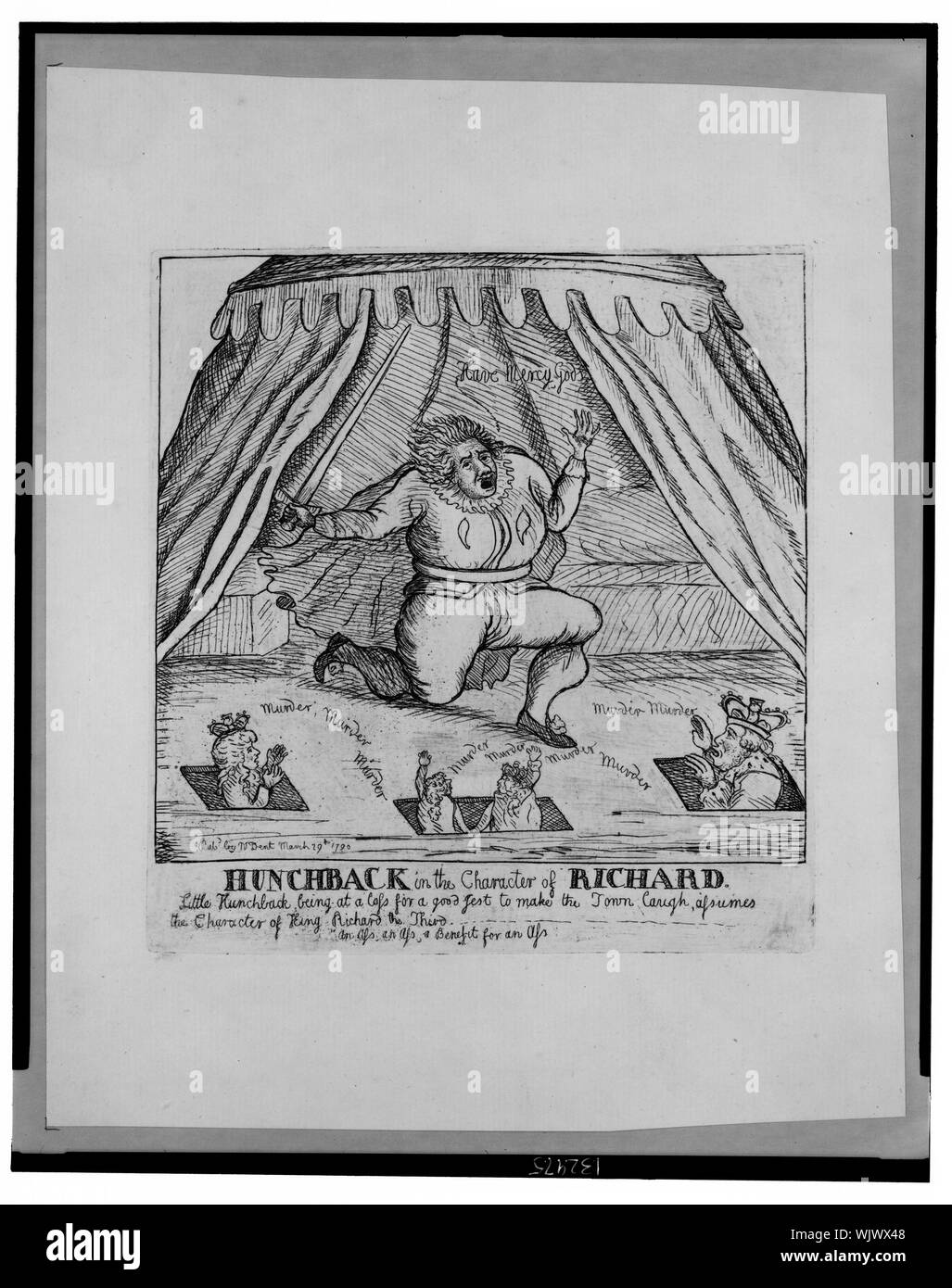 Hunchback in the character of Richard Abstract: Print shows an actor portraying Richard III in a tent on a stage, appearing through trap doors in the stage are a king, queen, prince regent, and another prince, all crying Murder. Stock Photo