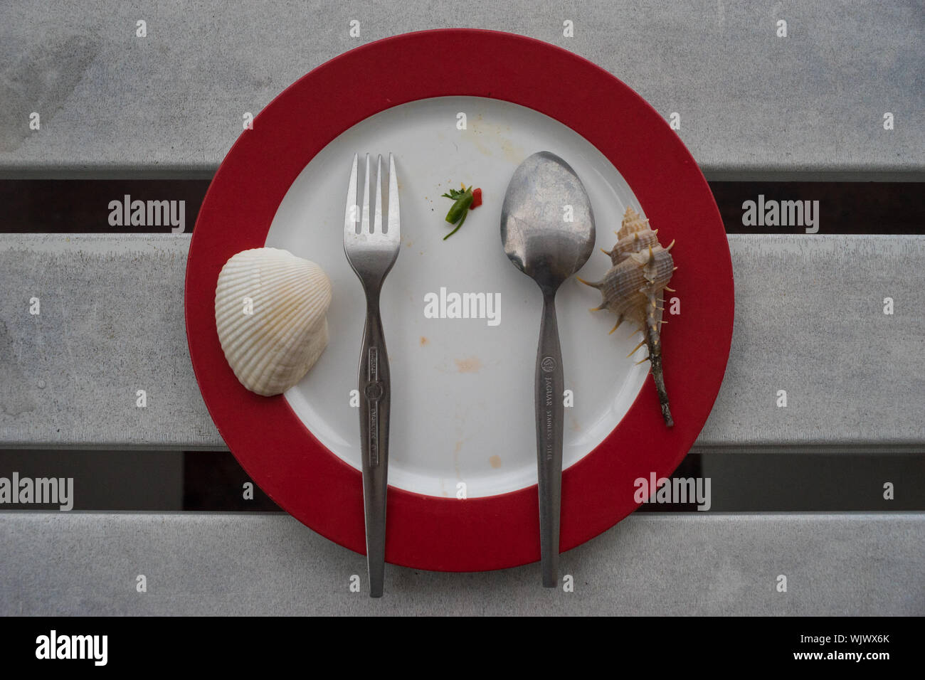 Directly Above Shot Of Seashell With Silverware On Plate At Table Stock Photo