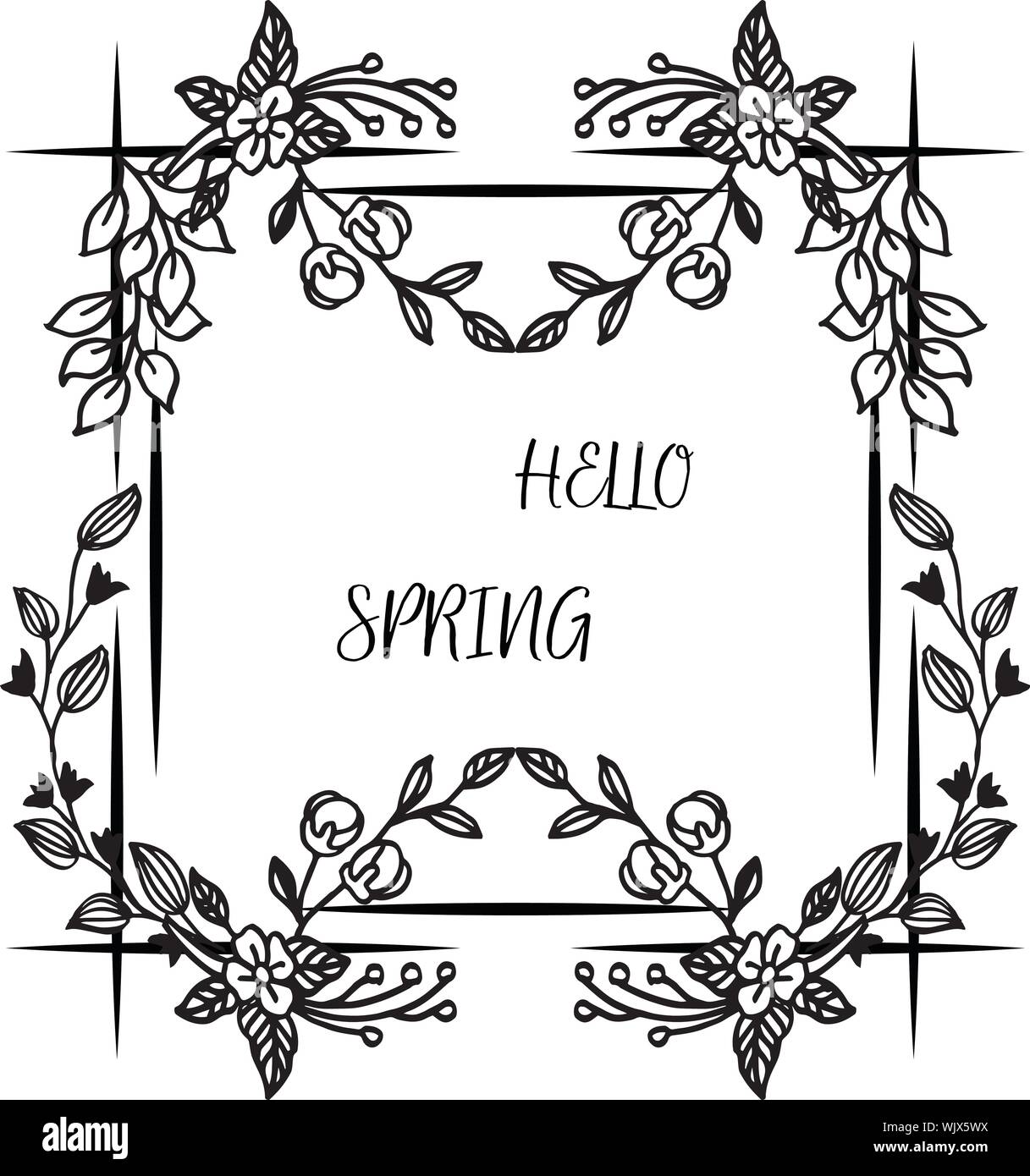 Text of hello spring background with beautiful leaf flower frame ...