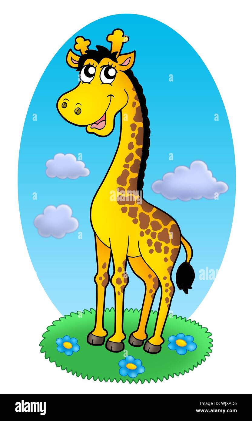 Cute giraffe standing on grass - color illustration. Stock Photo