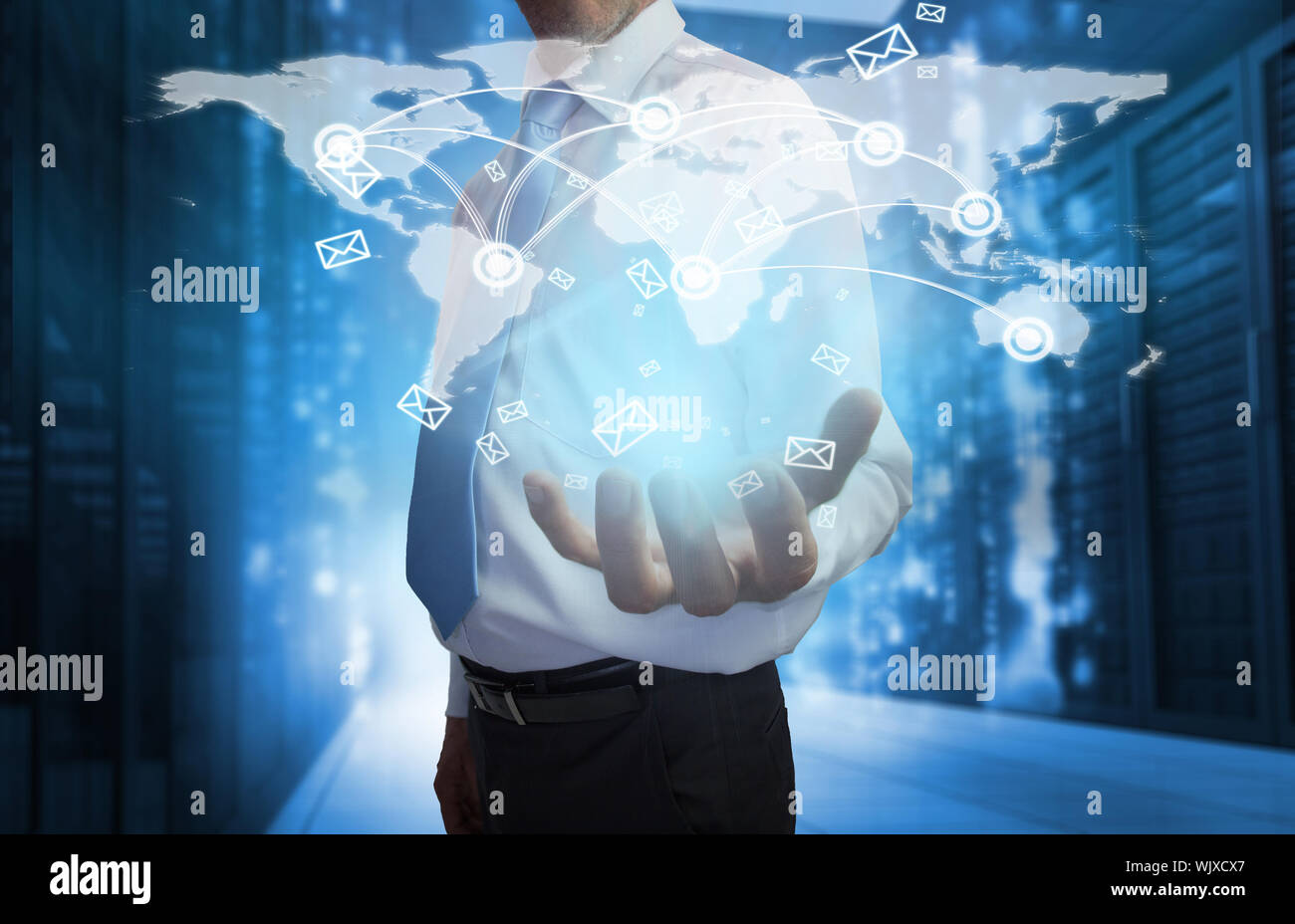 Digital composite of businessman presenting map interface with email Stock Photo