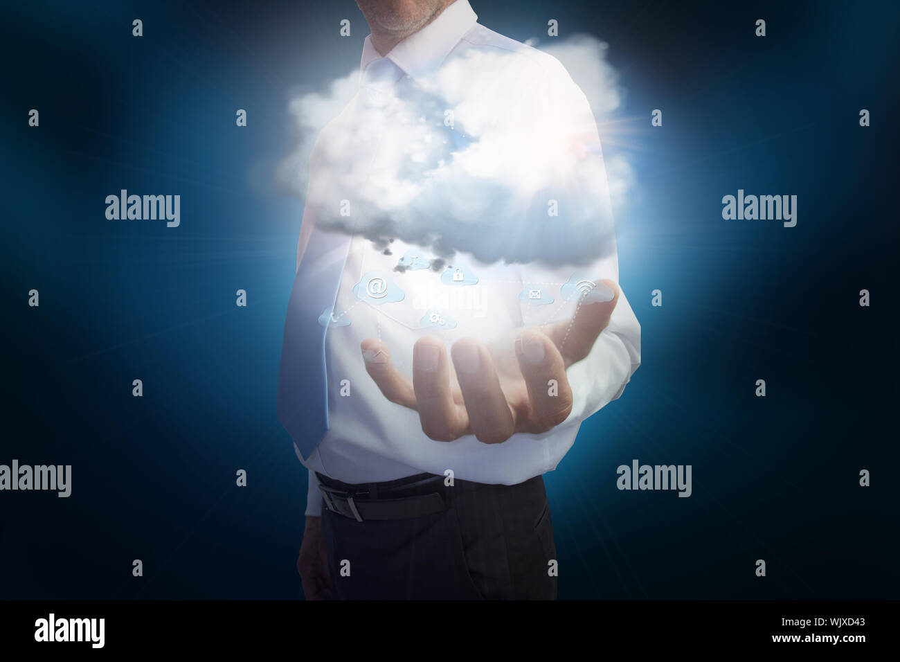 Digital composite of businessman presenting cloud Stock Photo