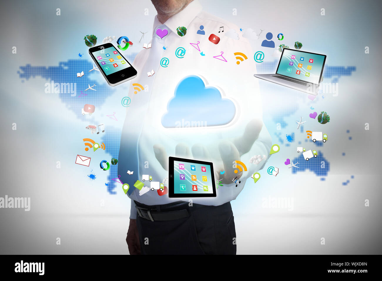 Digital composite of businessman presenting cloud computing graphic Stock Photo
