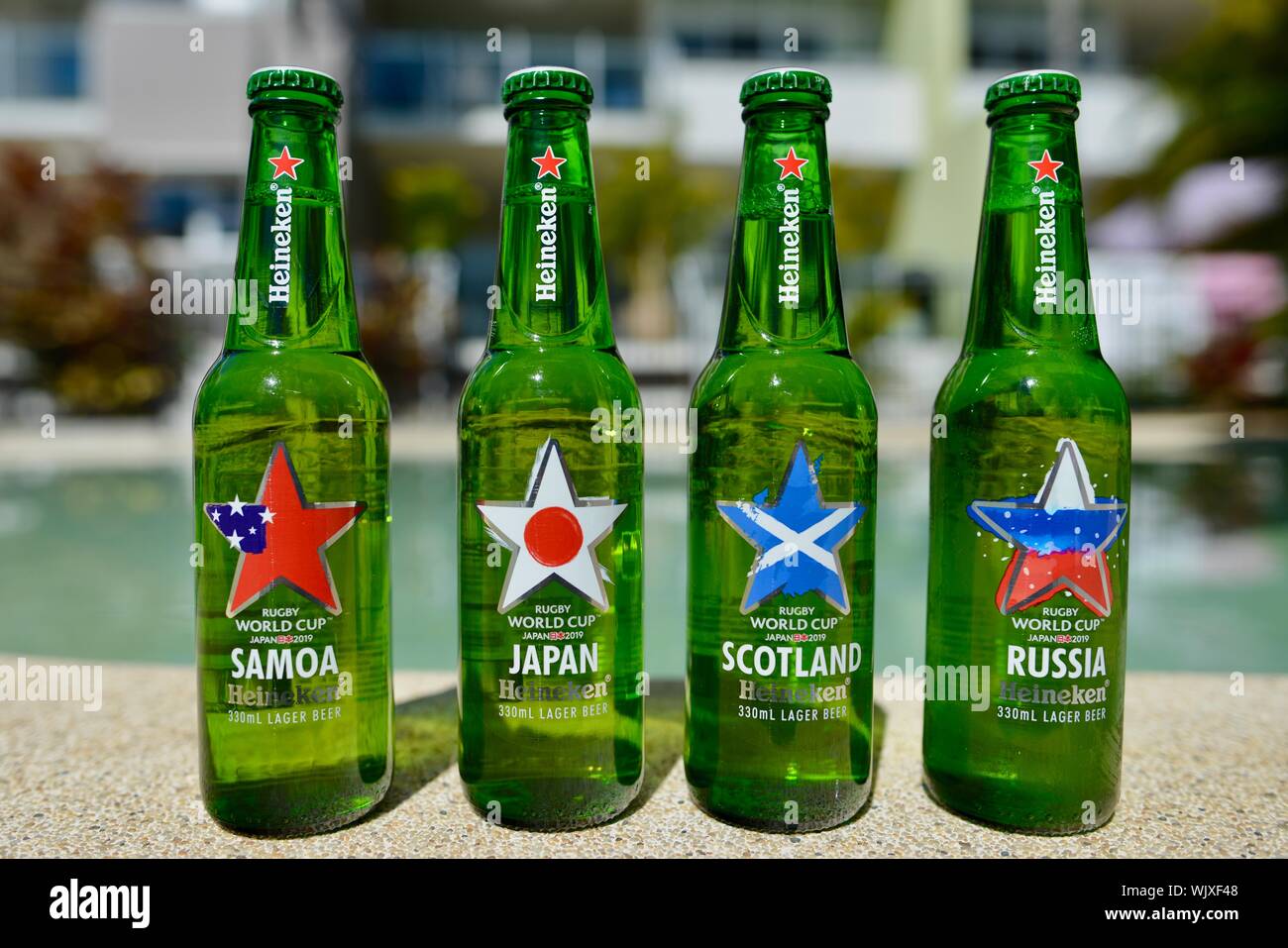 Samoa, Japan, Scotland and Russia, Pool A, Heineken 2019 Japan Rugby world cup beer bottles Stock Photo