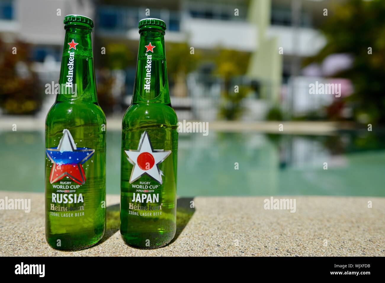 Japan versus Russia, Heineken 2019 Japan Rugby world cup beer bottles Stock Photo