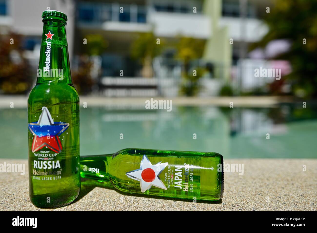 Japan versus Russia, Russia wins, Heineken 2019 Japan Rugby world cup beer bottles Stock Photo