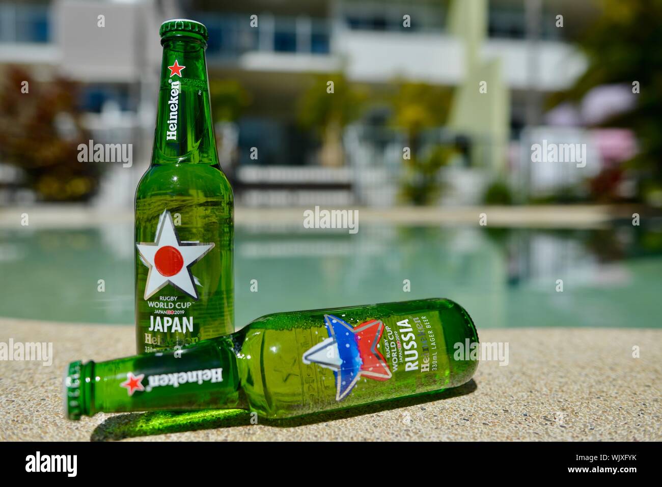 Japan versus Russia, Japan wins, Heineken 2019 Japan Rugby world cup beer bottles Stock Photo
