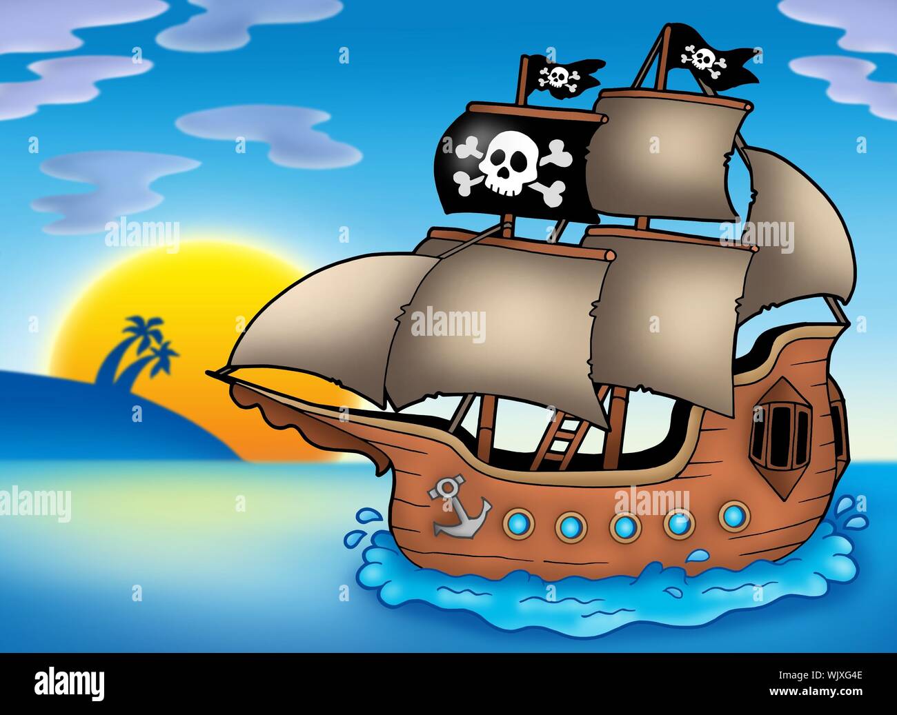 Pirate ship on sea - color illustration Stock Photo - Alamy
