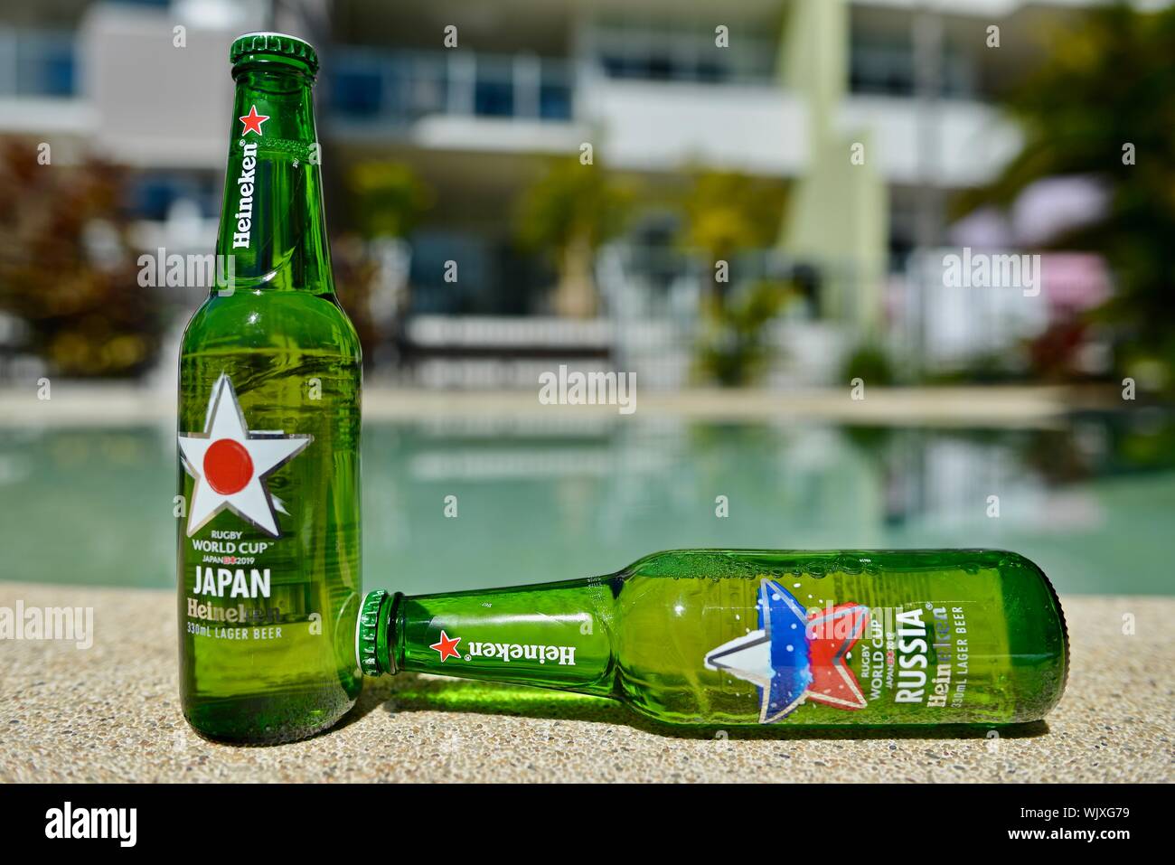 Japan versus Russia, Japan wins, Heineken 2019 Japan Rugby world cup beer bottles Stock Photo
