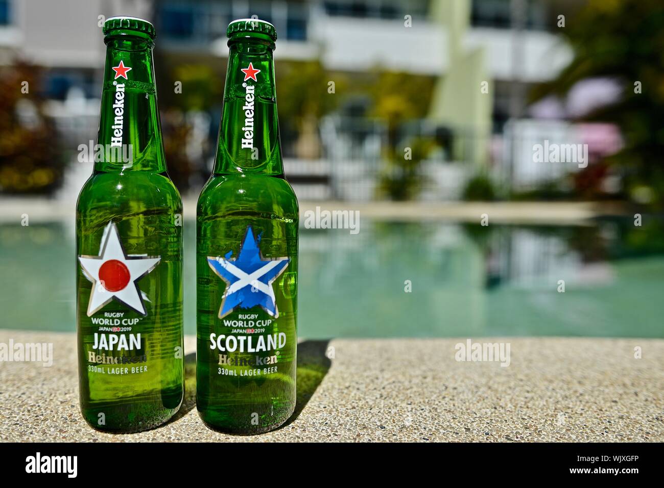Japan versus Scotland, Heineken 2019 Japan Rugby world cup beer bottles Stock Photo