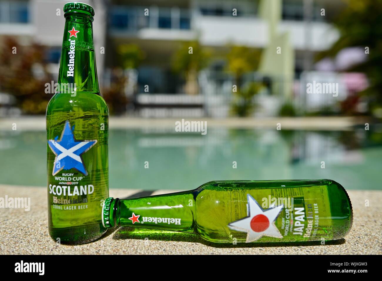 Japan versus Scotland, Scotland wins, Heineken 2019 Japan Rugby world cup beer bottles Stock Photo