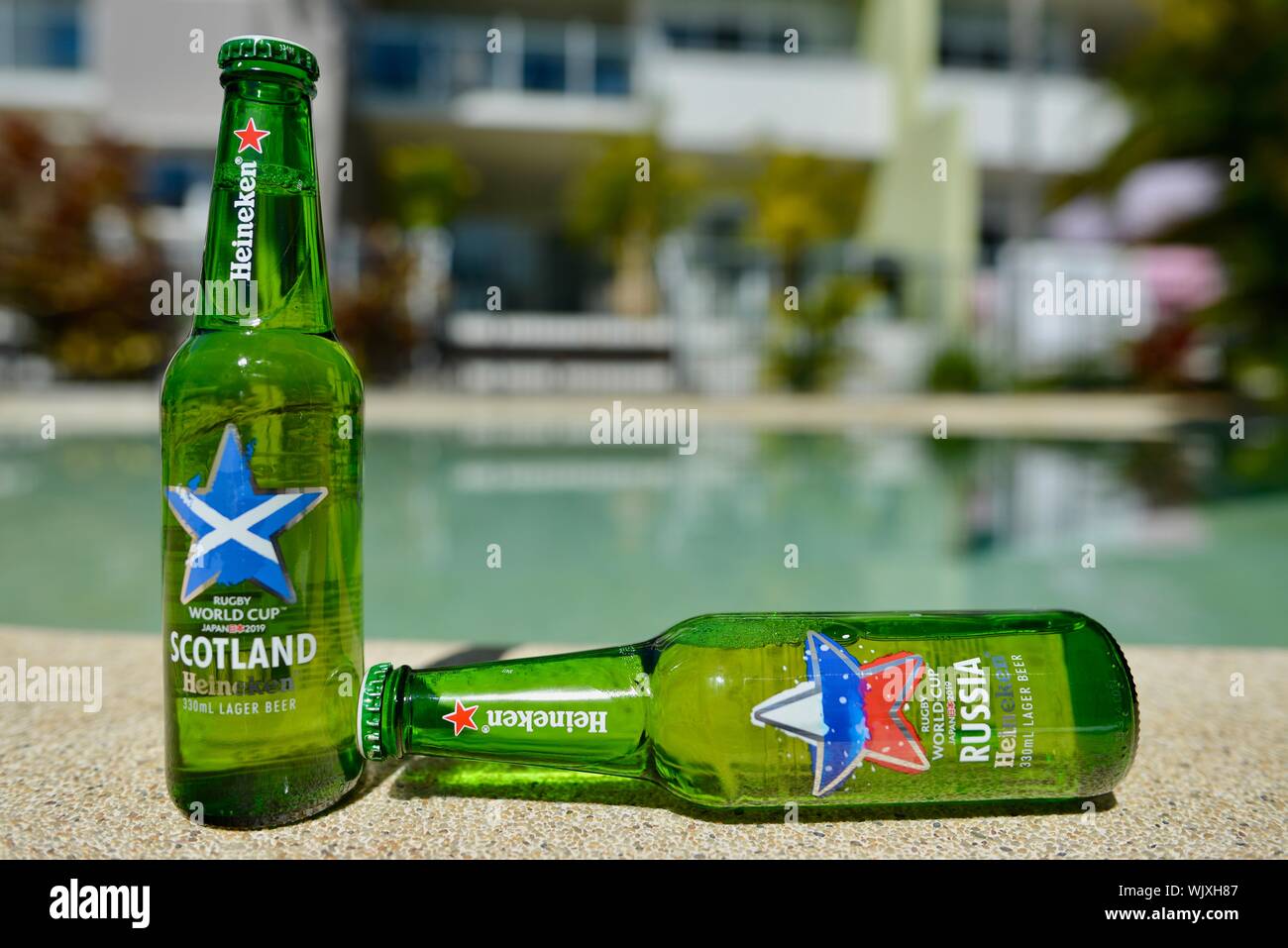 Scotland versus Russia, Heineken 2019 Japan Rugby world cup beer bottles Stock Photo
