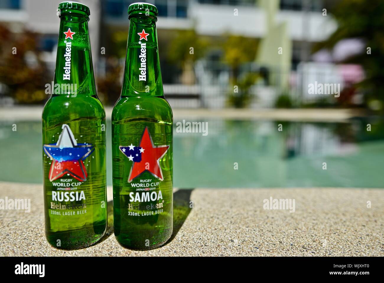 Russia versus Samoa, Heineken 2019 Japan Rugby world cup beer bottles Stock Photo