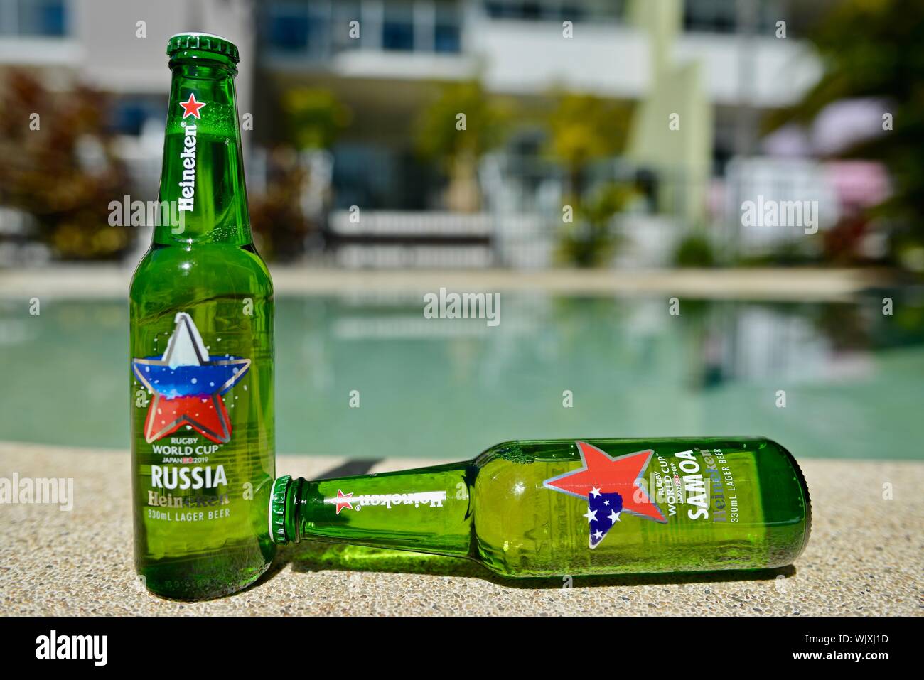 Russia versus Samoa, Heineken 2019 Japan Rugby world cup beer bottles Stock Photo