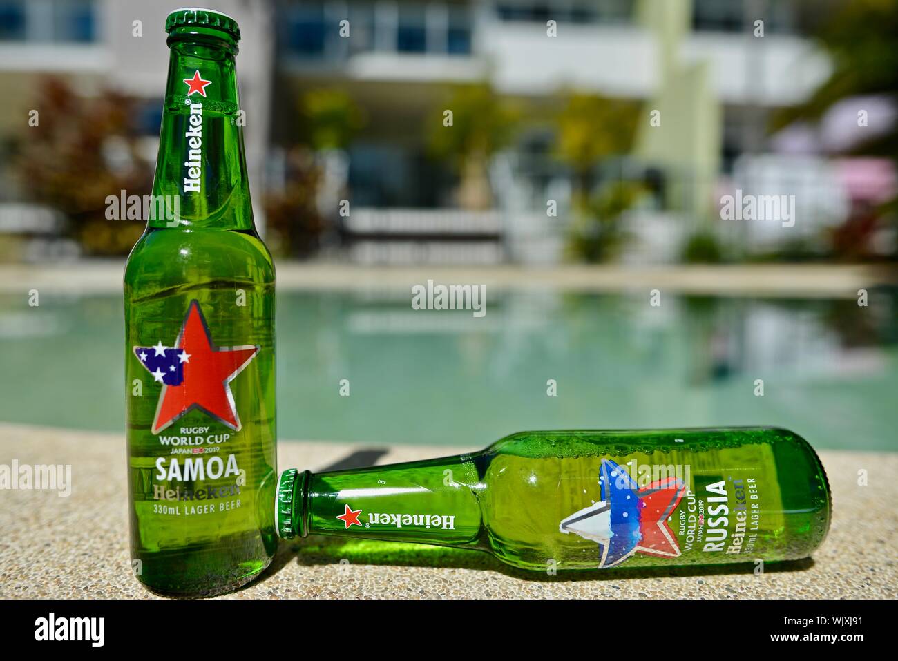 Russia versus Samoa, Samoa wins, Heineken 2019 Japan Rugby world cup beer bottles Stock Photo