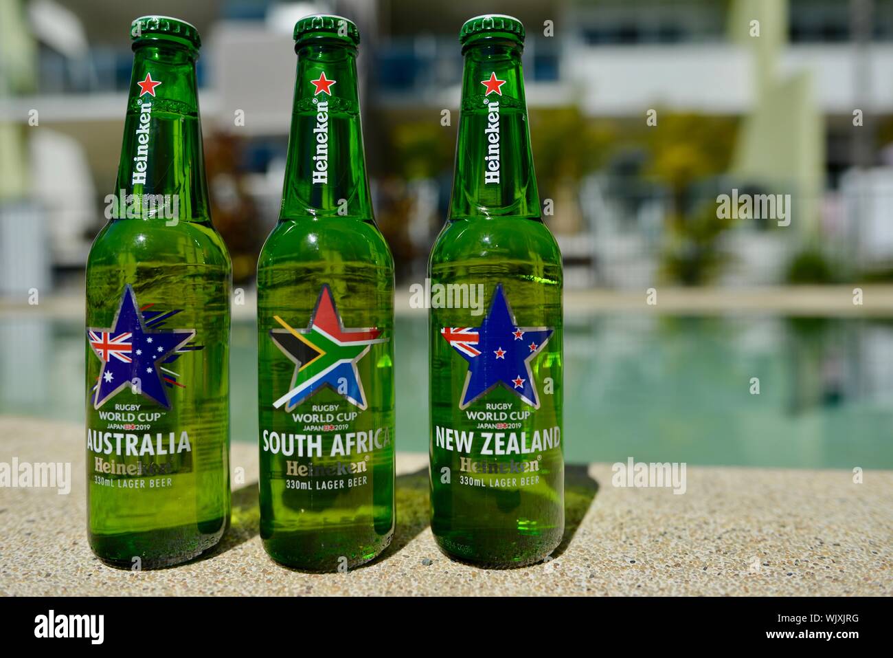 South africa, New Zealand and Australia, Heineken 2019 Japan Rugby world cup beer bottles Stock Photo