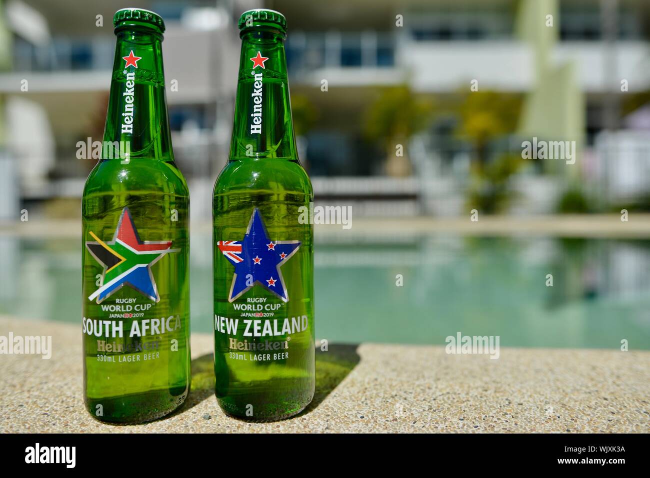 South Africa versus New Zealand, Heineken 2019 Japan Rugby world cup beer bottles Stock Photo