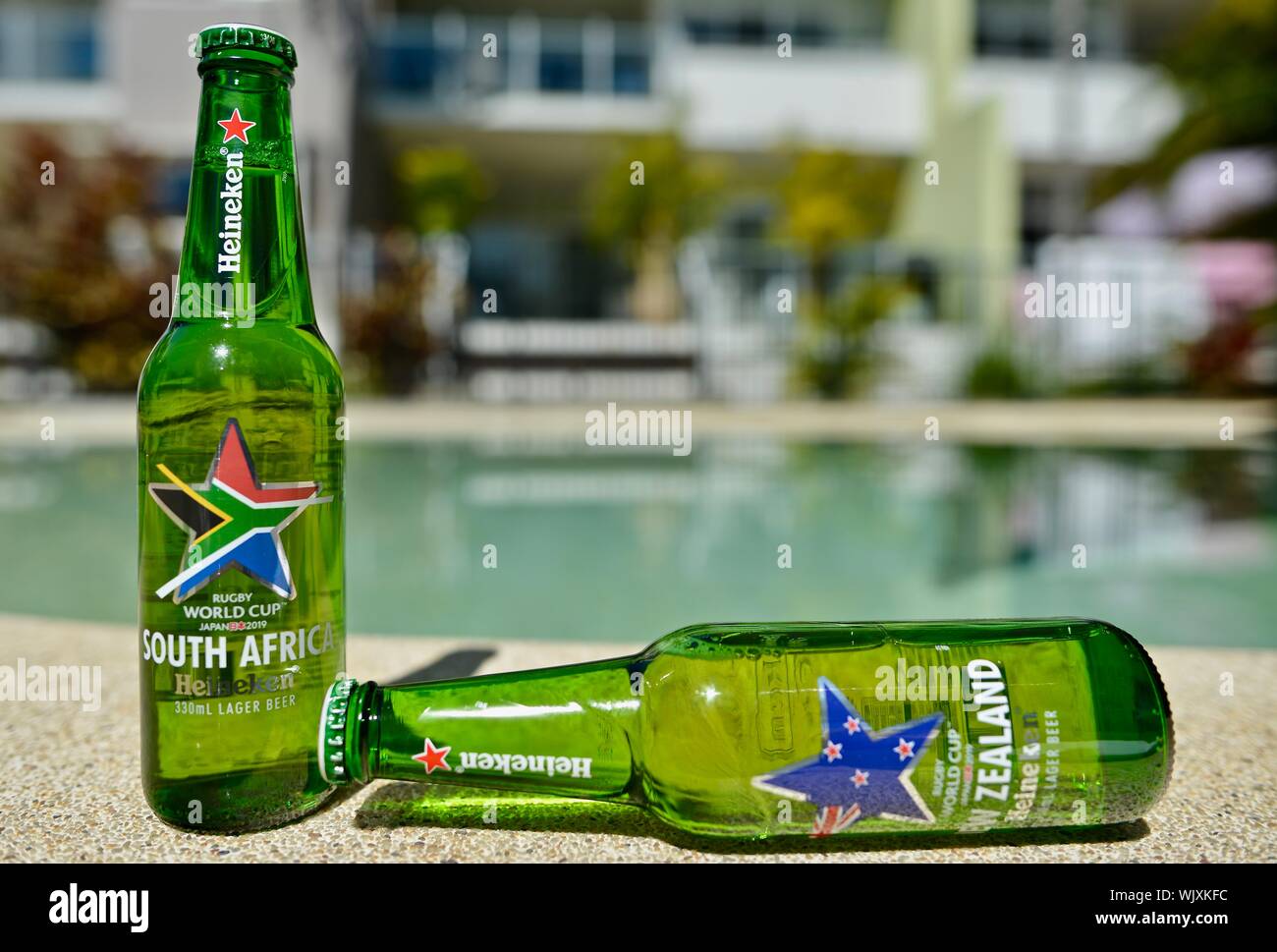 South Africa versus New Zealand, Heineken 2019 Japan Rugby world cup beer bottles Stock Photo