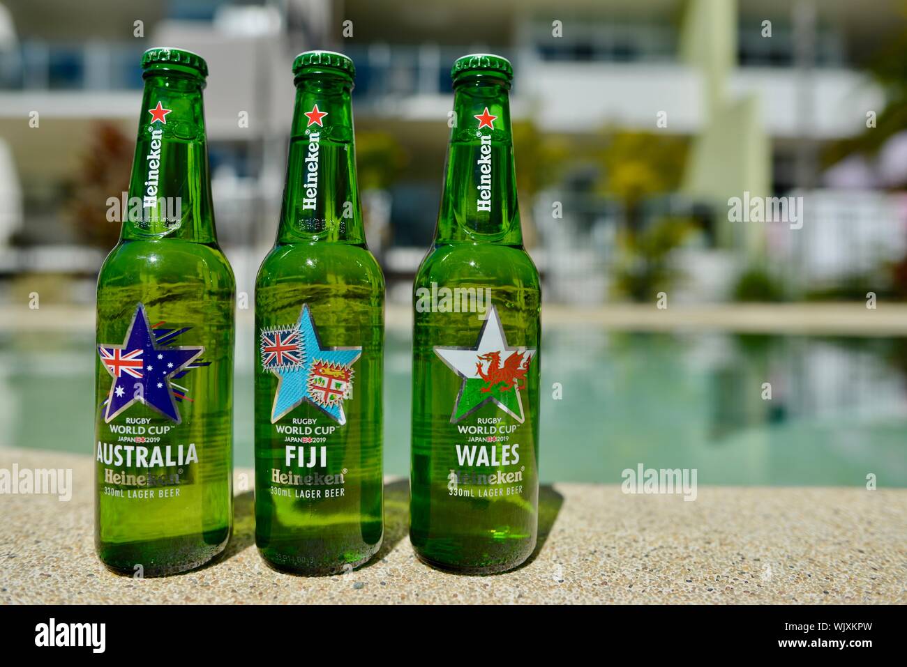 Wales, Australia and Fiji, Pool D, Heineken 2019 Japan Rugby world cup beer bottles Stock Photo