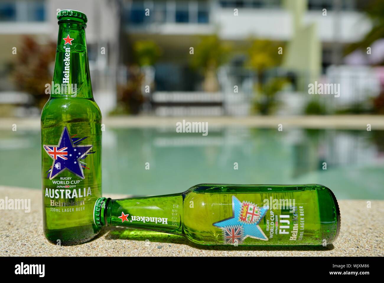 Australia versus Fiji, Australia wins, Heineken 2019 Japan Rugby world cup beer bottles Stock Photo