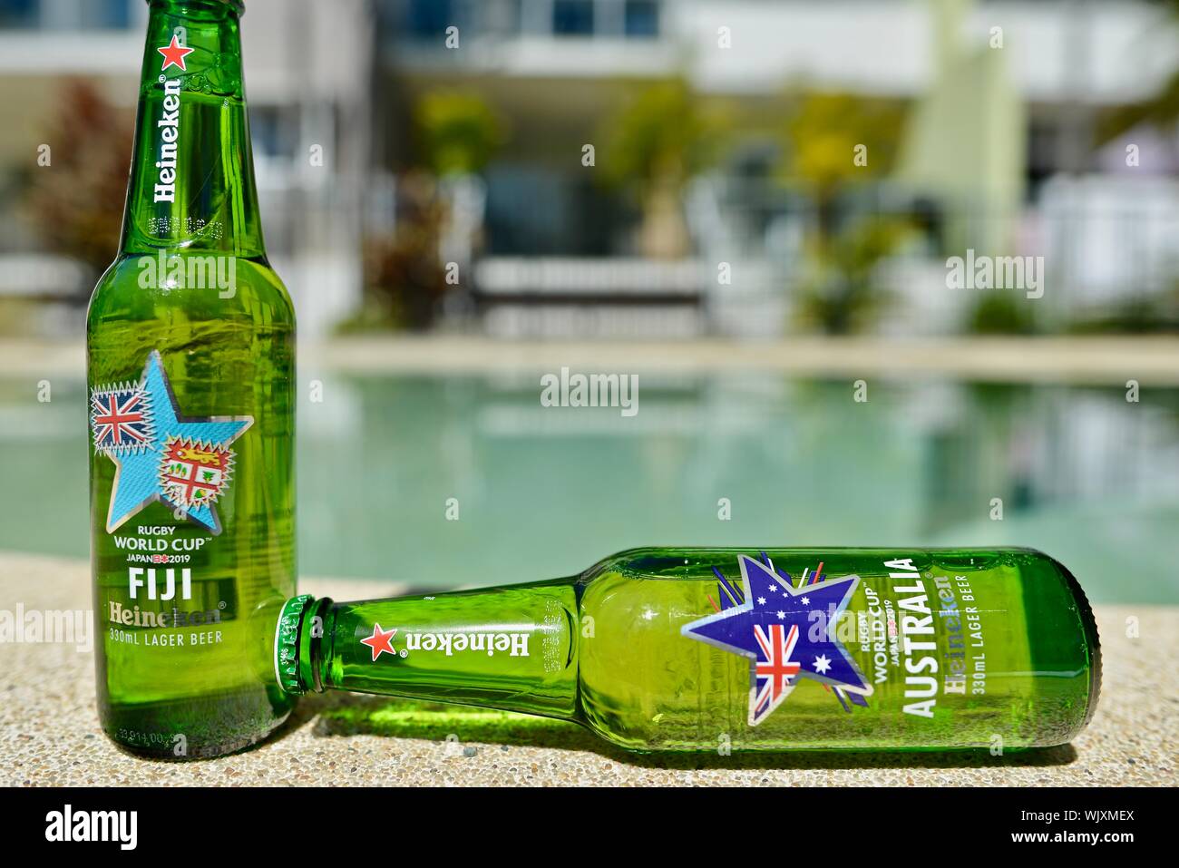 Fiji versus Australia, Fiji wins, Heineken 2019 Japan Rugby world cup beer bottles Stock Photo