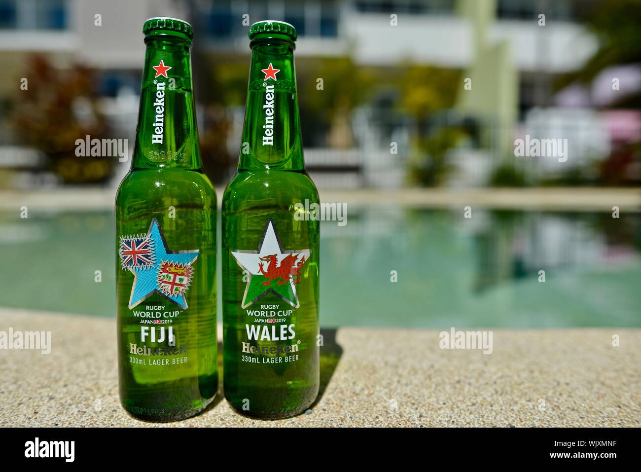Wales versus Fiji, Heineken 2019 Japan Rugby world cup beer bottles Stock Photo
