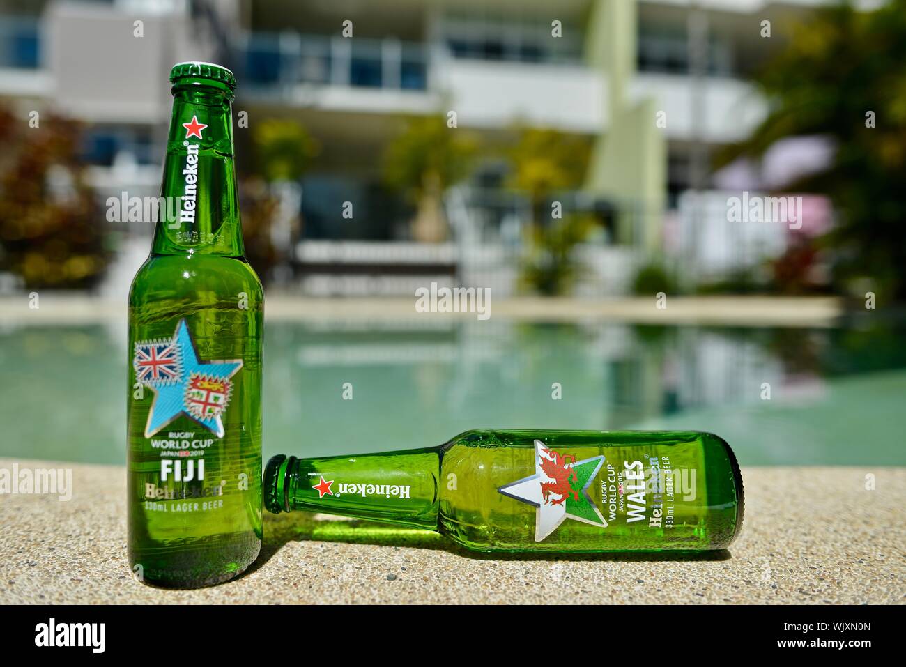 Wales versus Fiji, Fiji wins,Heineken 2019 Japan Rugby world cup beer bottles Stock Photo