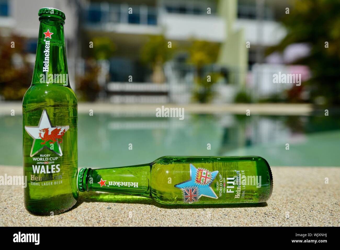 Wales versus Fiji, Heineken 2019 Japan Rugby world cup beer bottles Stock Photo