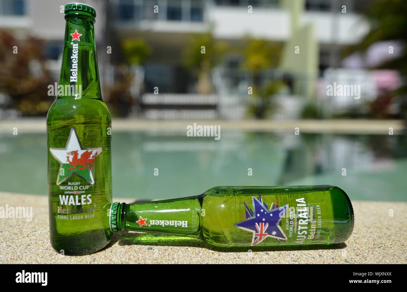Australia versus Wales, Australia Wins, Heineken 2019 Japan Rugby world cup beer bottles Stock Photo