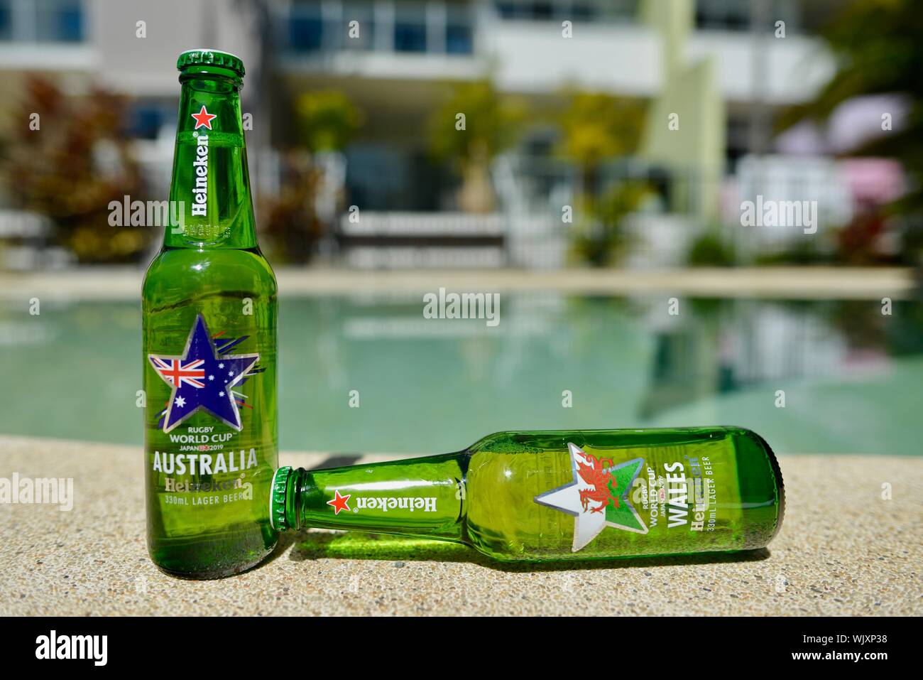 Australia versus Wales, Australia Wins, Heineken 2019 Japan Rugby world cup beer bottles Stock Photo