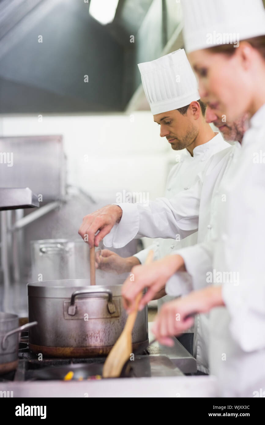 Team of chefs cooking at the stove in a commercial kitchen Stock Photo