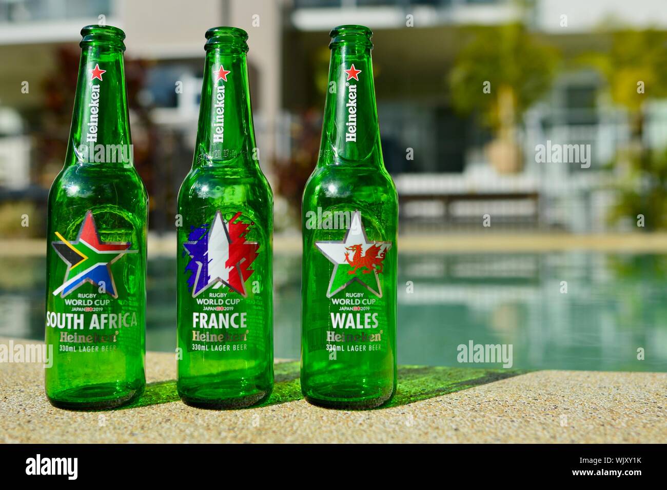 South Africa, France and Wales, Heineken 2019 Japan Rugby world cup beer bottles Stock Photo
